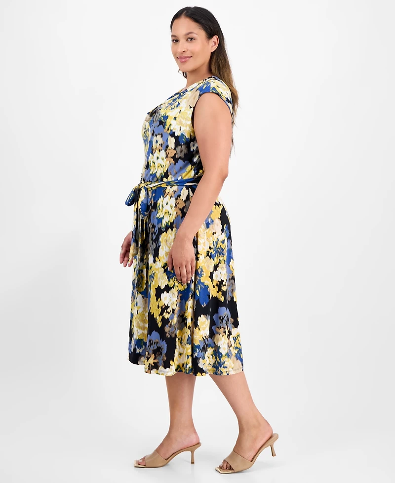 Kasper Plus Floral Print Cowlneck Dress