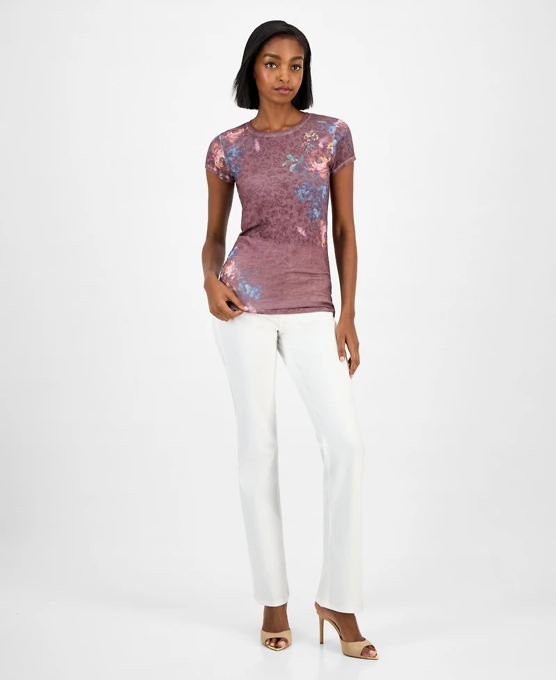 Guess Women's Peony-Print Round-Neck Burnout T-Shirt
