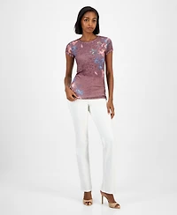 Guess Women's Peony-Print Round-Neck Burnout T-Shirt