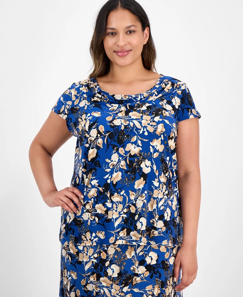 Kasper Plus Printed Cap-Sleeve Cowlneck Blouse