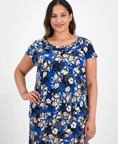 Kasper Plus Printed Cap-Sleeve Cowlneck Blouse