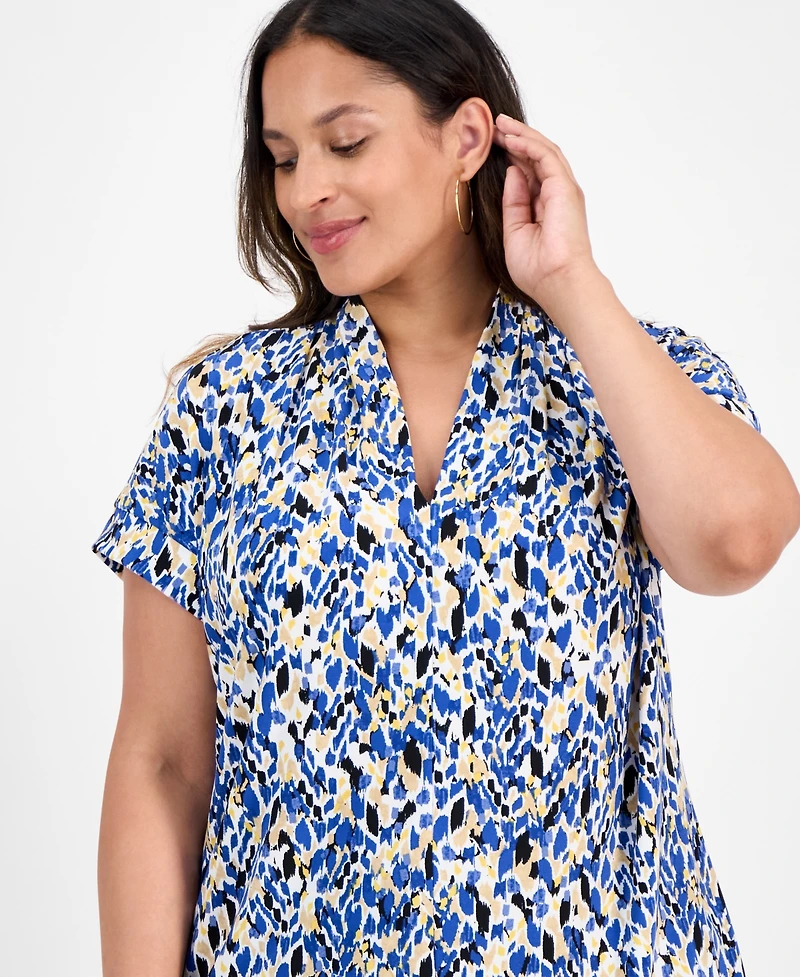Kasper Plus Printed V-Neck Short-Sleeve Top