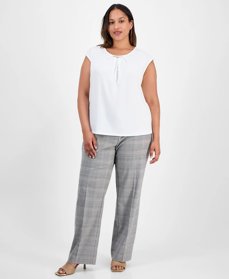 Kasper Plus Pleat-Neck Cap-Sleeve Blouse
