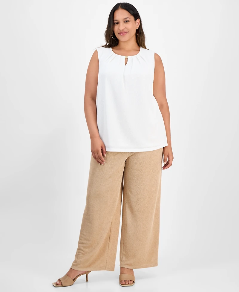 Kasper Plus Pleated-Neck Textured Top