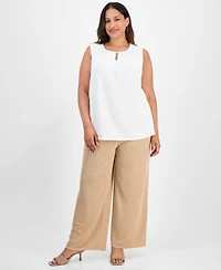 Kasper Plus Pleated-Neck Textured Top