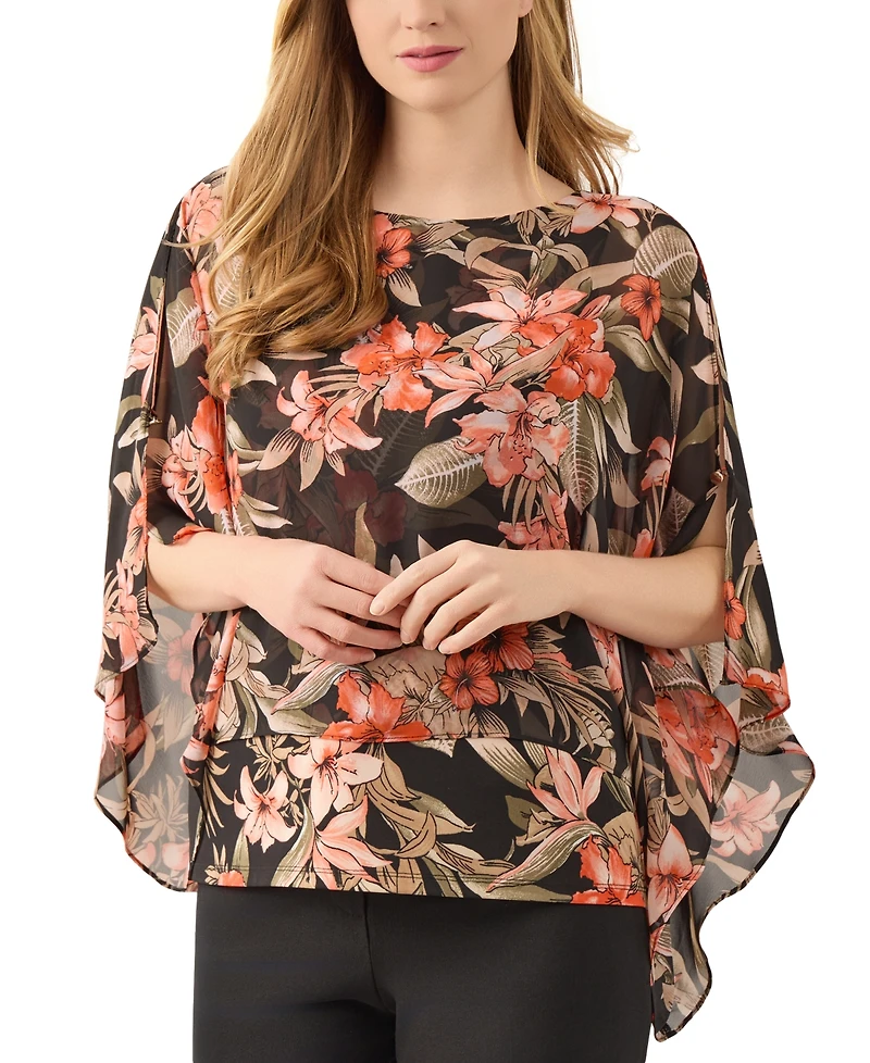 Kasper Women's Floral 3/4-Sleeve Poncho Blouse
