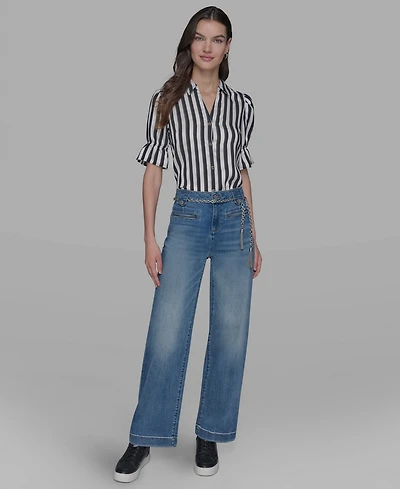 Karl Lagerfeld Paris Petite Chain Belt High Rise Wide Leg Jeans