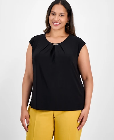 Kasper Plus Pleated-Neck Sleeveless Top
