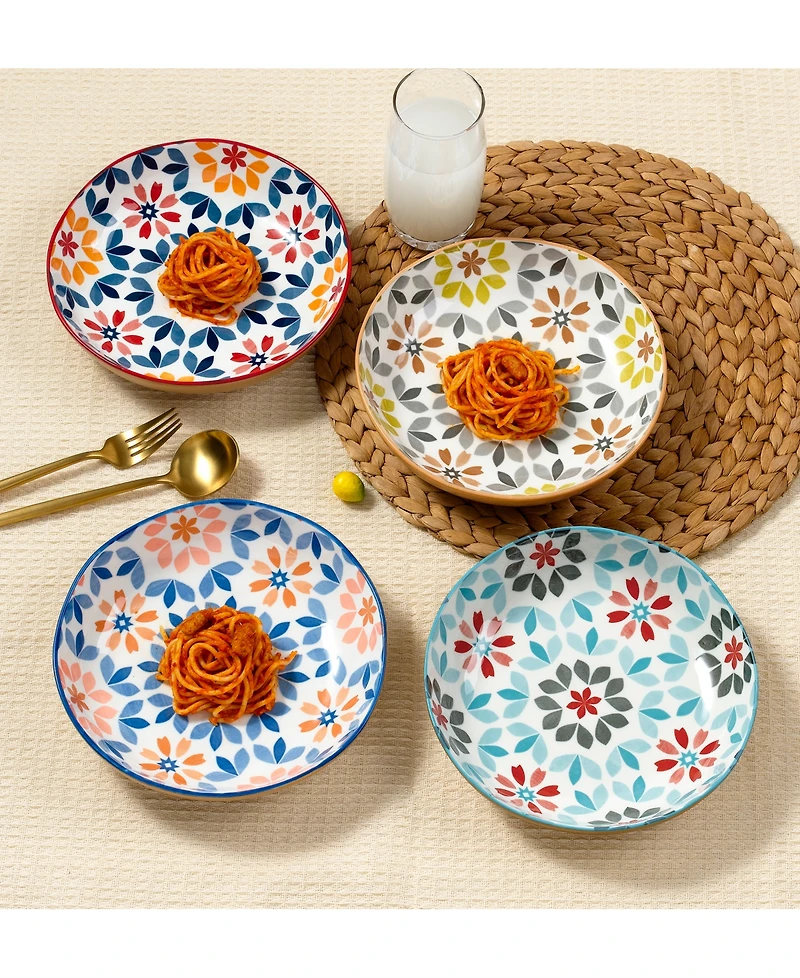 Lorren Home Trends Geo Floral Pasta Bowls, Assorted Set of 4
