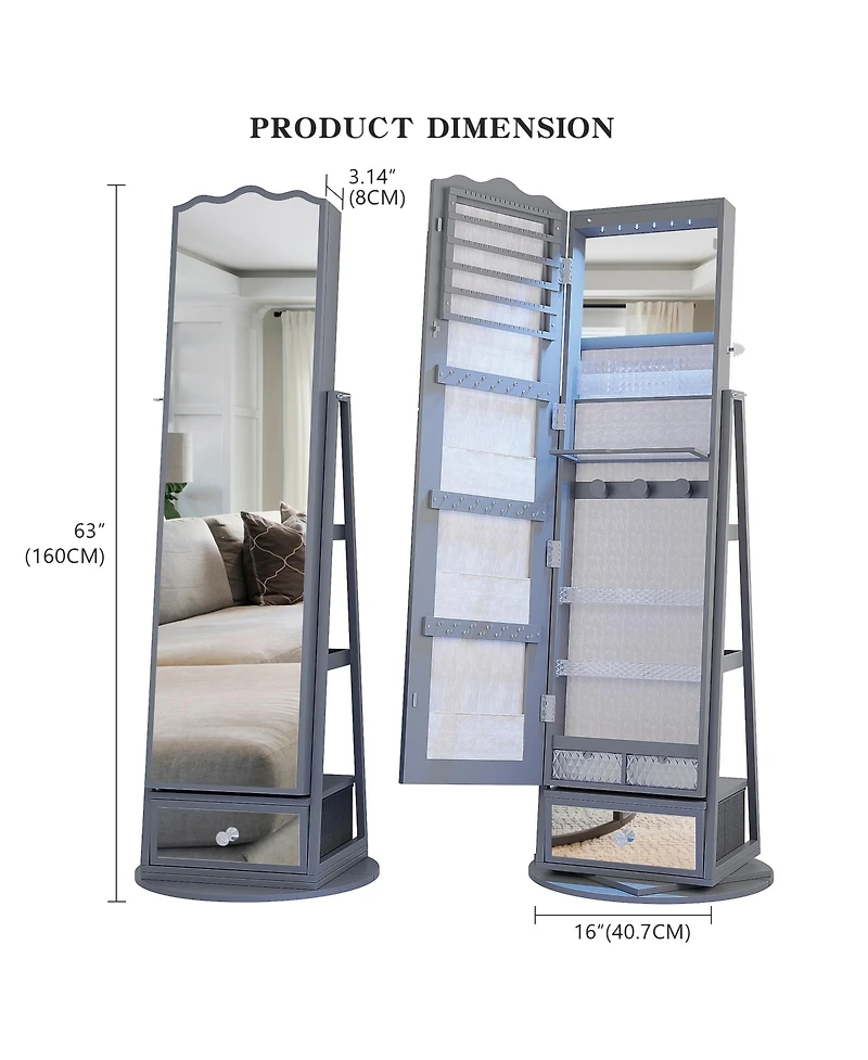 Vlsrka 60° Rotating Full-Length Mirror Jewelry Cabinet with Lights
