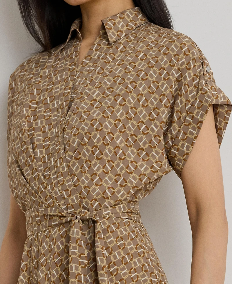 Lauren Ralph Women's Geo-Print Belted Crepe Dress