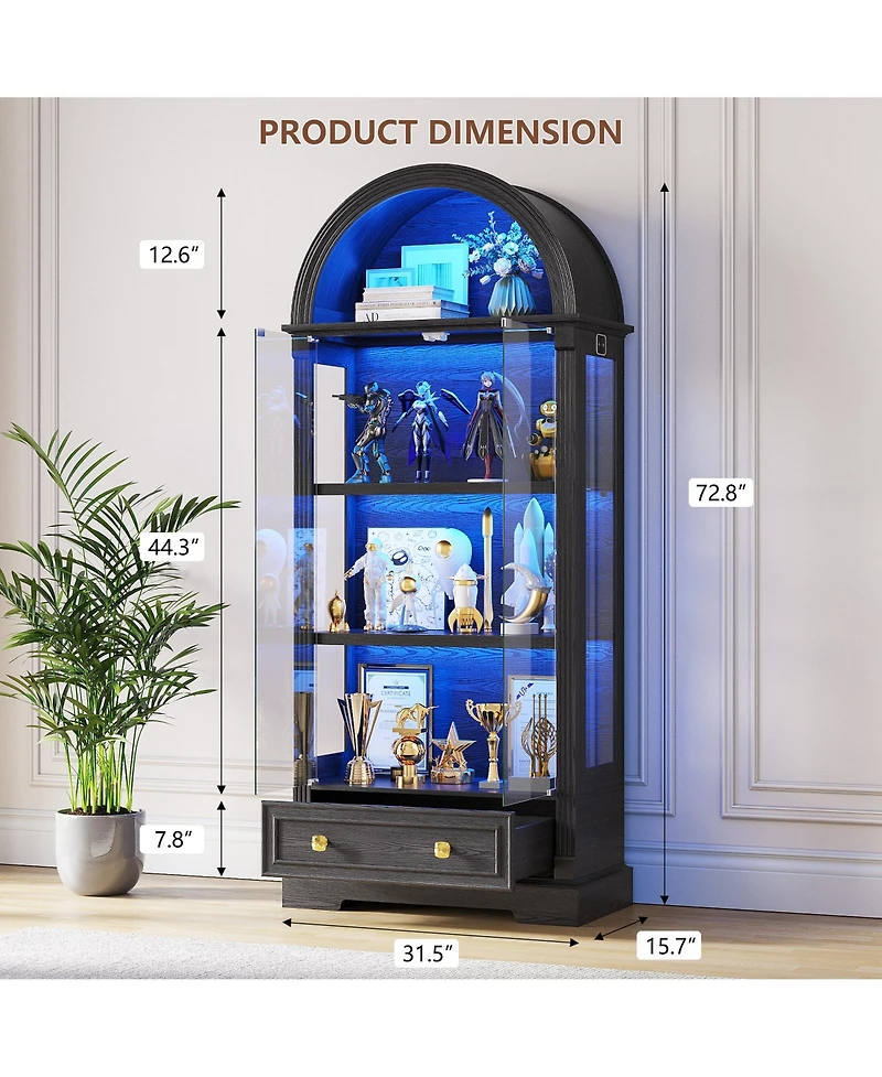 Vlsrka 4-tier shelves, motion sensor lights, 72" arched glass display cabinet.