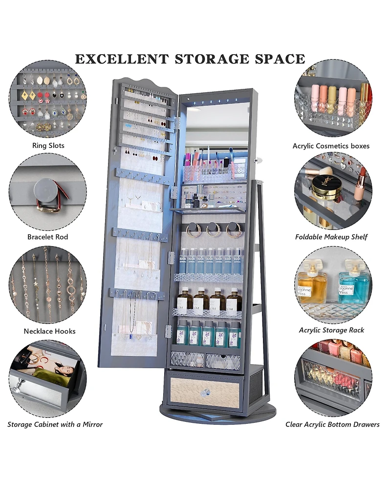 Vlsrka 60° Rotating Full-Length Mirror Jewelry Cabinet with Lights