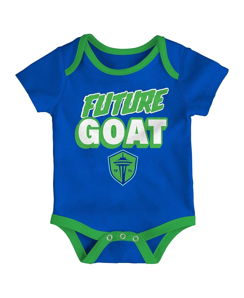 Outerstuff Newborn 3-Pack Green/Heather Gray/Blue Seattle Sounders Fc Loyal Buddies Bodysuit Set