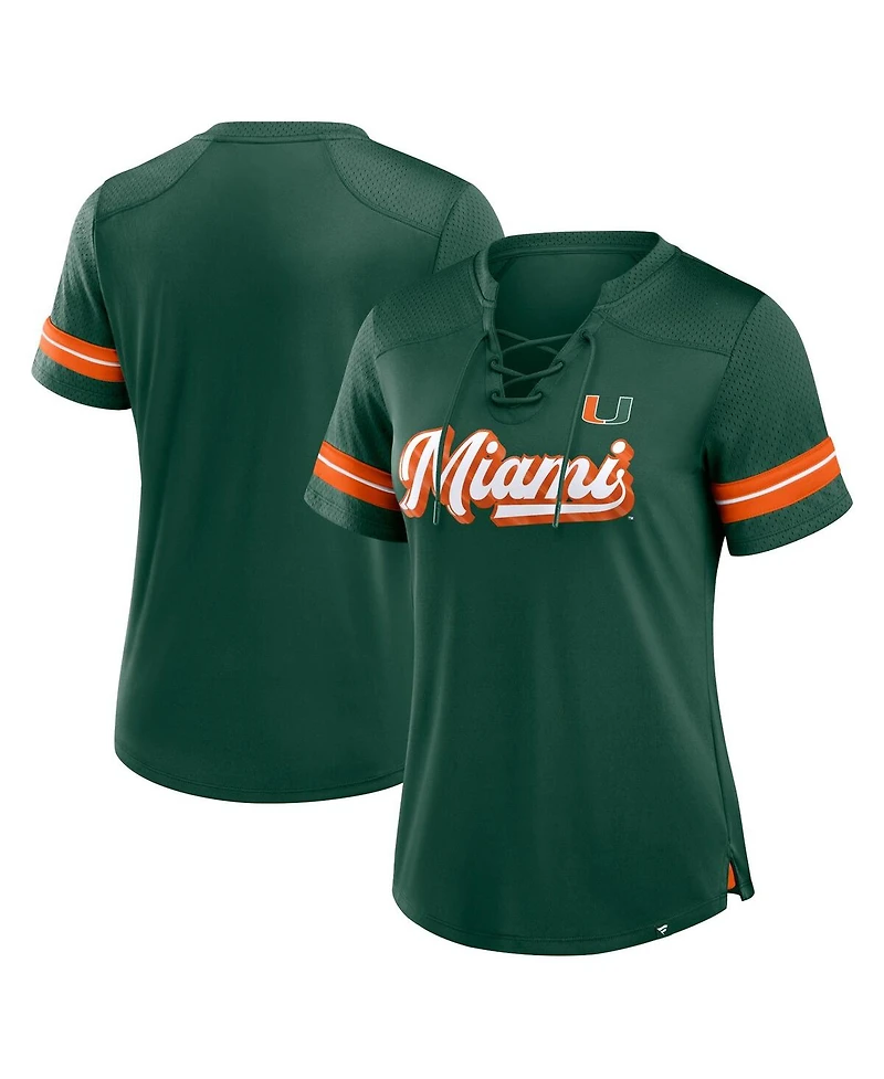 Fanatics Women's Green Miami Hurricanes Fundamental Overtime Readiness Athena Lace-Up V-Neck T-Shirt