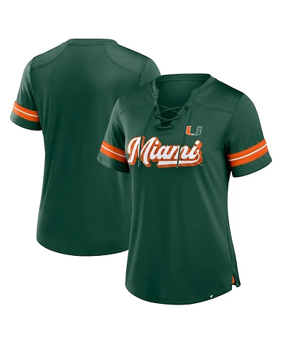 Fanatics Women's Green Miami Hurricanes Fundamental Overtime Readiness Athena Lace-Up V-Neck T-Shirt