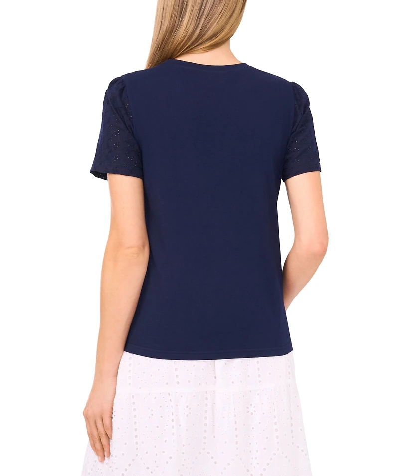 CeCe Women's Cotton Eyelet-Sleeve Patch-Pocket T-Shirt