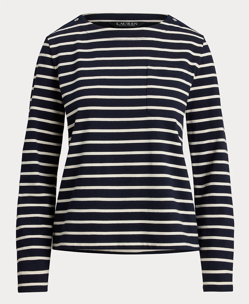 Lauren Ralph Women's Striped Jersey Snap-Trim Boatneck Top