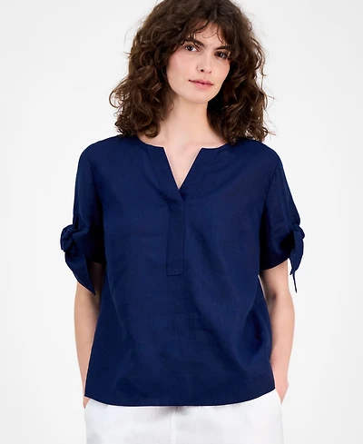 Charter Club Petite 100% Linen Split-Neck Tie Sleeve Top, Created for Macy's