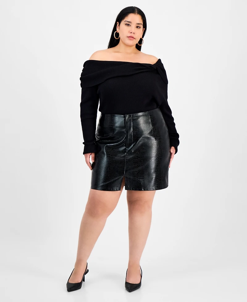 Bar Iii Trendy Plus Crocodile Embossed Faux Leather Mini Skirt, Macy's Exclusive
