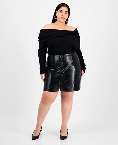 Bar Iii Trendy Plus Crocodile Embossed Faux Leather Mini Skirt, Macy's Exclusive