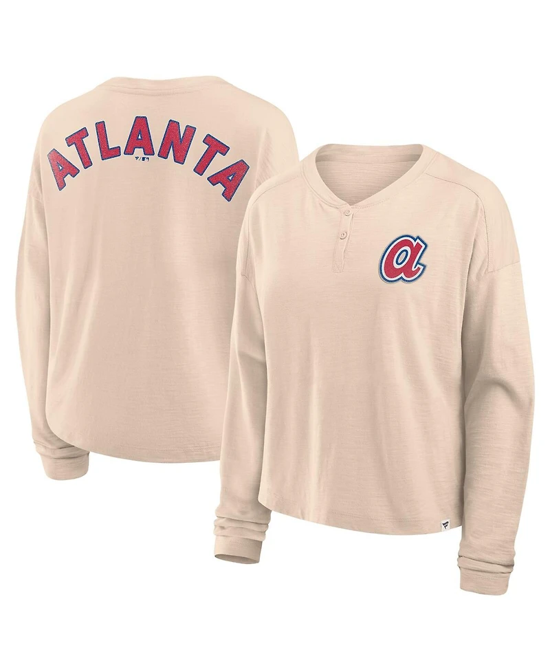 Fanatics Women's Tan Atlanta Braves Oversized Stadium Slub Long Sleeve Henley T-Shirt