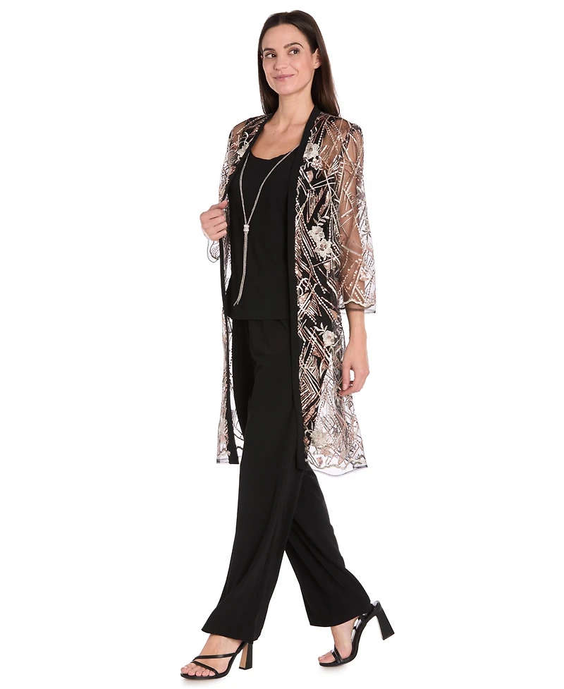 R & M Richards Women's Embellished Sheer Long Jacket, Sleeveless Top and Pants Set