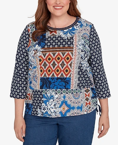 Alfred Dunner Plus Batik Patchwork Drawstring Closure Top