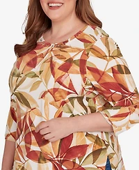 Alfred Dunner Plus Leaf Pleated Crew Neck Top