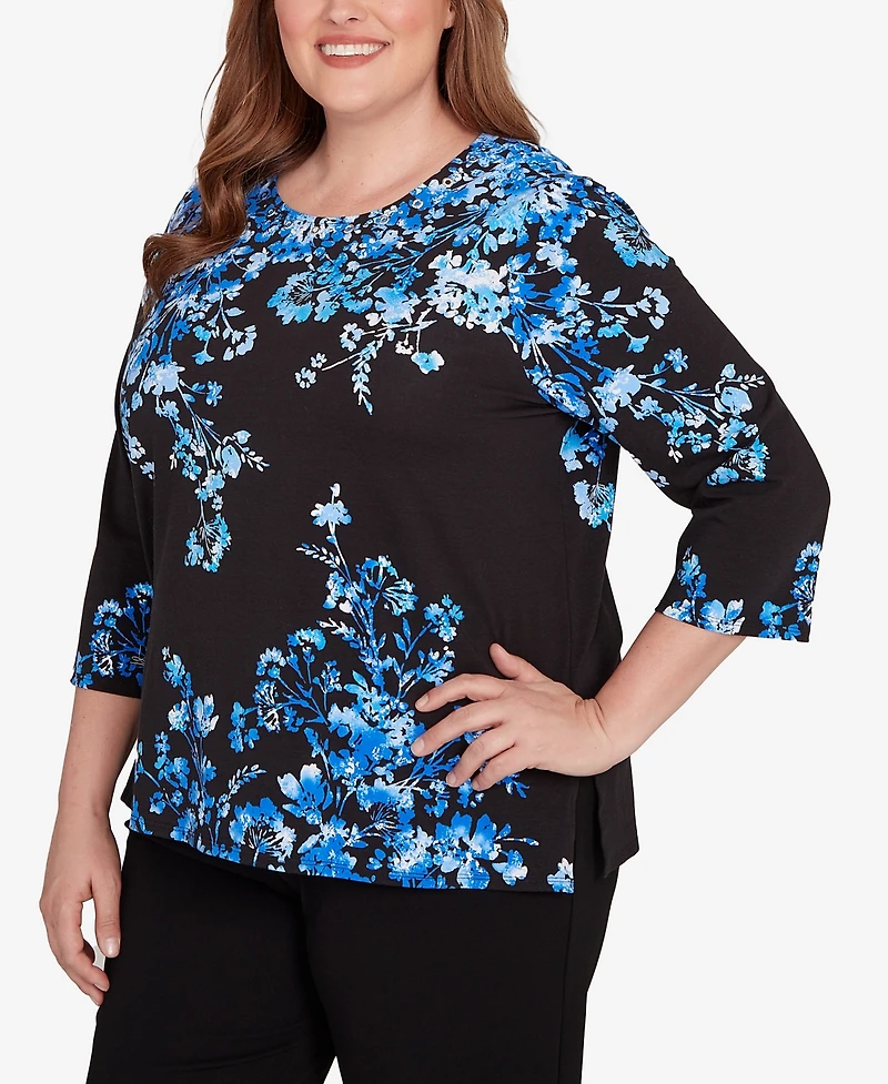 Alfred Dunner Plus Floral Asymmetric Three Quarter Sleeve Top