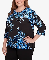 Alfred Dunner Plus Floral Asymmetric Three Quarter Sleeve Top