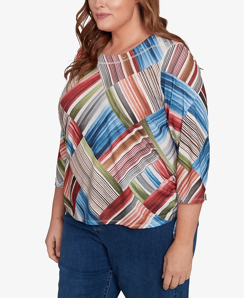 Alfred Dunner Plus Classic Stripe Patchwork Ruched Sides Top