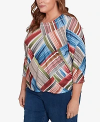 Alfred Dunner Plus Classic Stripe Patchwork Ruched Sides Top