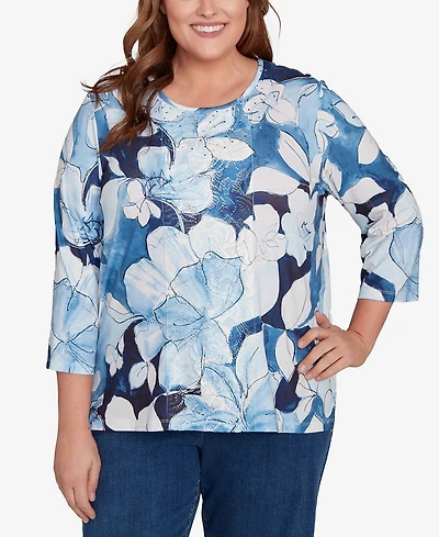 Alfred Dunner Plus Classic Monotone Floral Embellished Top