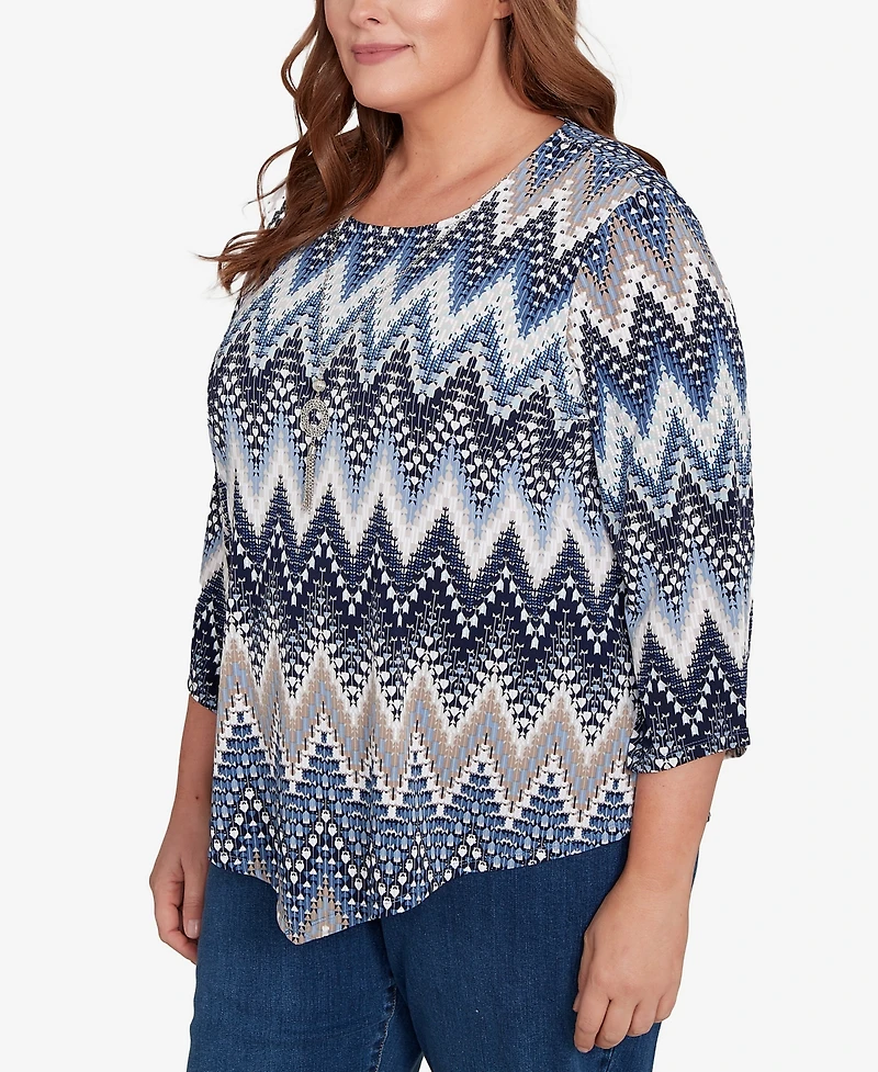 Alfred Dunner Plus Classic Puff Print Textured Chevron Crew Neck Top