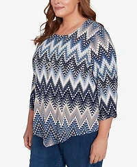 Alfred Dunner Plus Classic Puff Print Textured Chevron Crew Neck Top