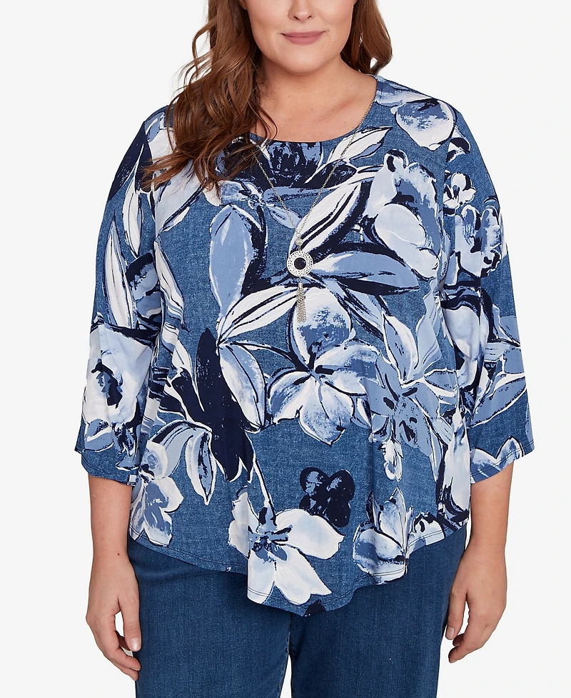 Alfred Dunner Plus Classic Puff Print Denim Floral Top