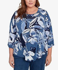 Alfred Dunner Plus Classic Puff Print Denim Floral Top