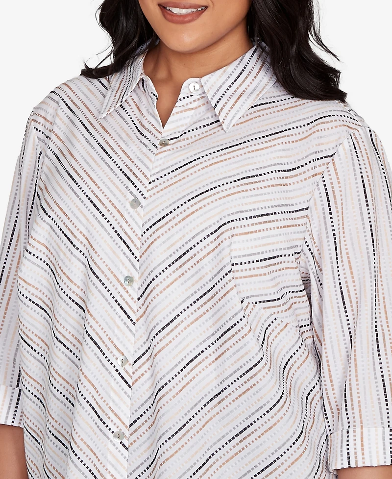 Alfred Dunner Plus Classic Mitered Textured Stripe Button Front Top
