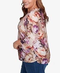 Alfred Dunner Plus Classic Textured Floral Ruched Sides Crew Neck Top