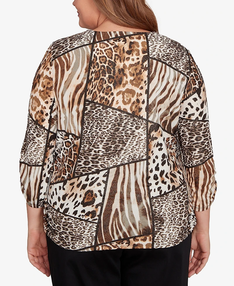 Alfred Dunner Plus Classic Puff Print Animal Colorblock Keyhole Neck Top