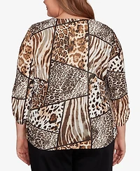 Alfred Dunner Plus Classic Puff Print Animal Colorblock Keyhole Neck Top