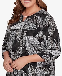 Alfred Dunner Plus Classic Puff Print Leaf Keyhole Neck Top