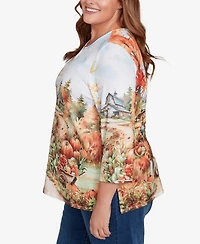 Alfred Dunner Plus Classic Farm Landscape Harvest Keyhole Neck Top