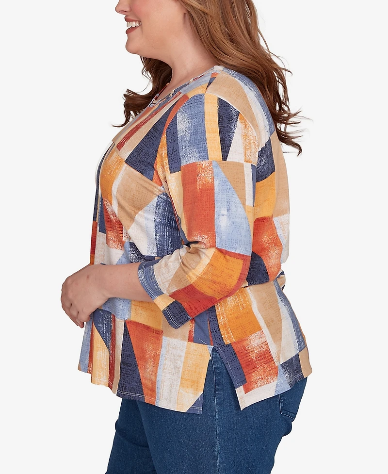 Alfred Dunner Plus Colorblock Detailed Crew Neck Top