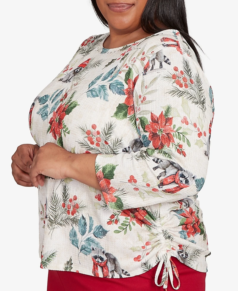 Alfred Dunner Plus Classic Holiday Poinsettias Crew Neck Top
