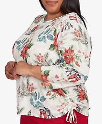Alfred Dunner Plus Classic Holiday Poinsettias Crew Neck Top