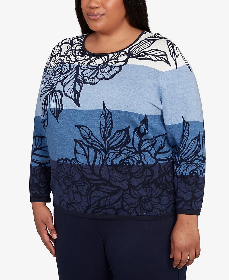 Alfred Dunner Plus Classic Ombre Floral Block Stripe Sweater