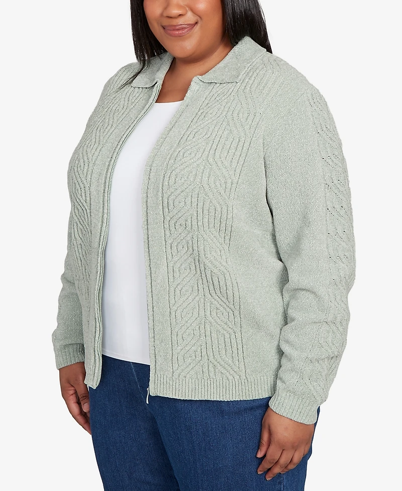 Alfred Dunner Plus Size Classic Zip-Front Chenille Collared Cardigan Sweater