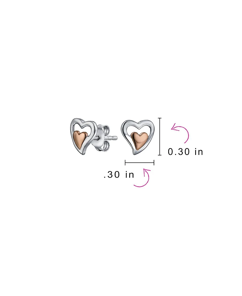 Bling Jewelry Petite Two-Toned Double Heart Stud Earrings, Rose Gold Sterling Silver Gift